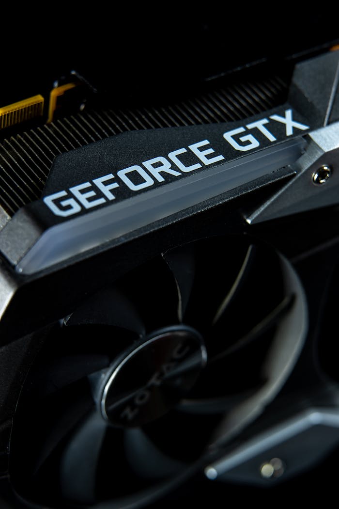 Detailed image of a modern GeForce GTX GPU, showcasing sleek technology and design.
