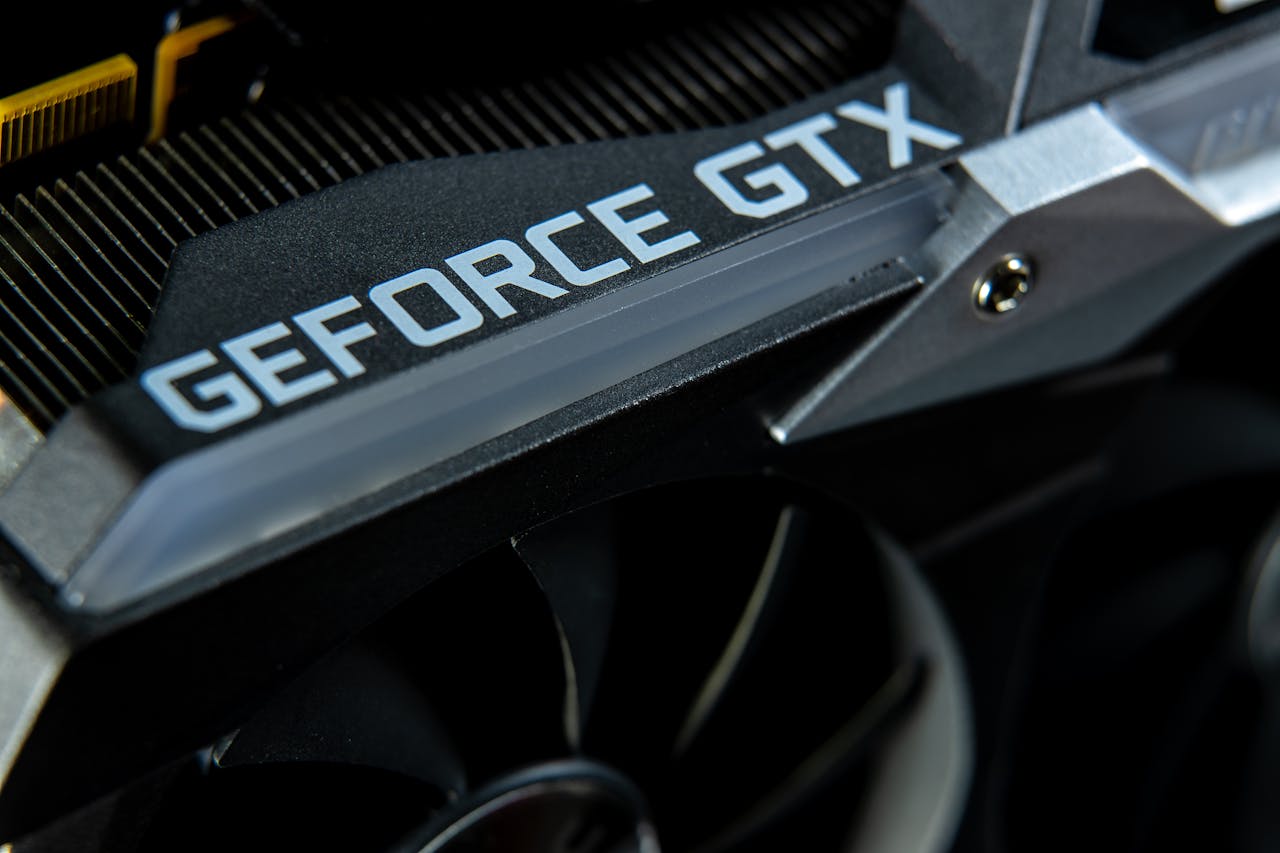 Detailed close-up of a GeForce GTX graphics card showing hardware components.